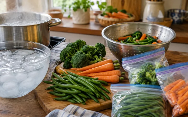 Broccoli, morcovi și fasole verde lângă apă fierbinte, un bol cu gheață și pungi pentru congelare