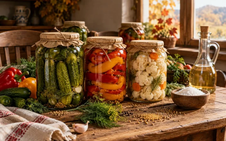 Borcane cu castraveți, ardei și conopidă, alături de sare și oțet